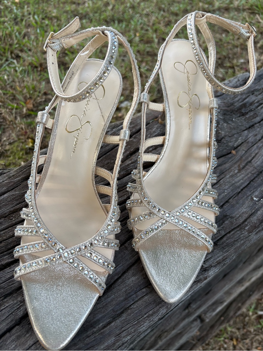 Jessica Simpson Champagne Crystal-Strap Heels